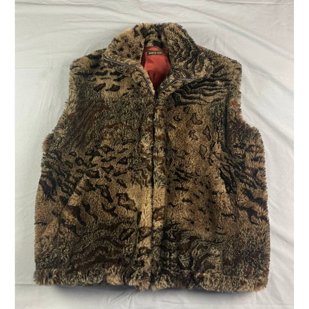 Made In USA Women's Faux Fur Leopard Print Full Zip Vest Brown Sz S Warm Winter - Picture 1 of 7